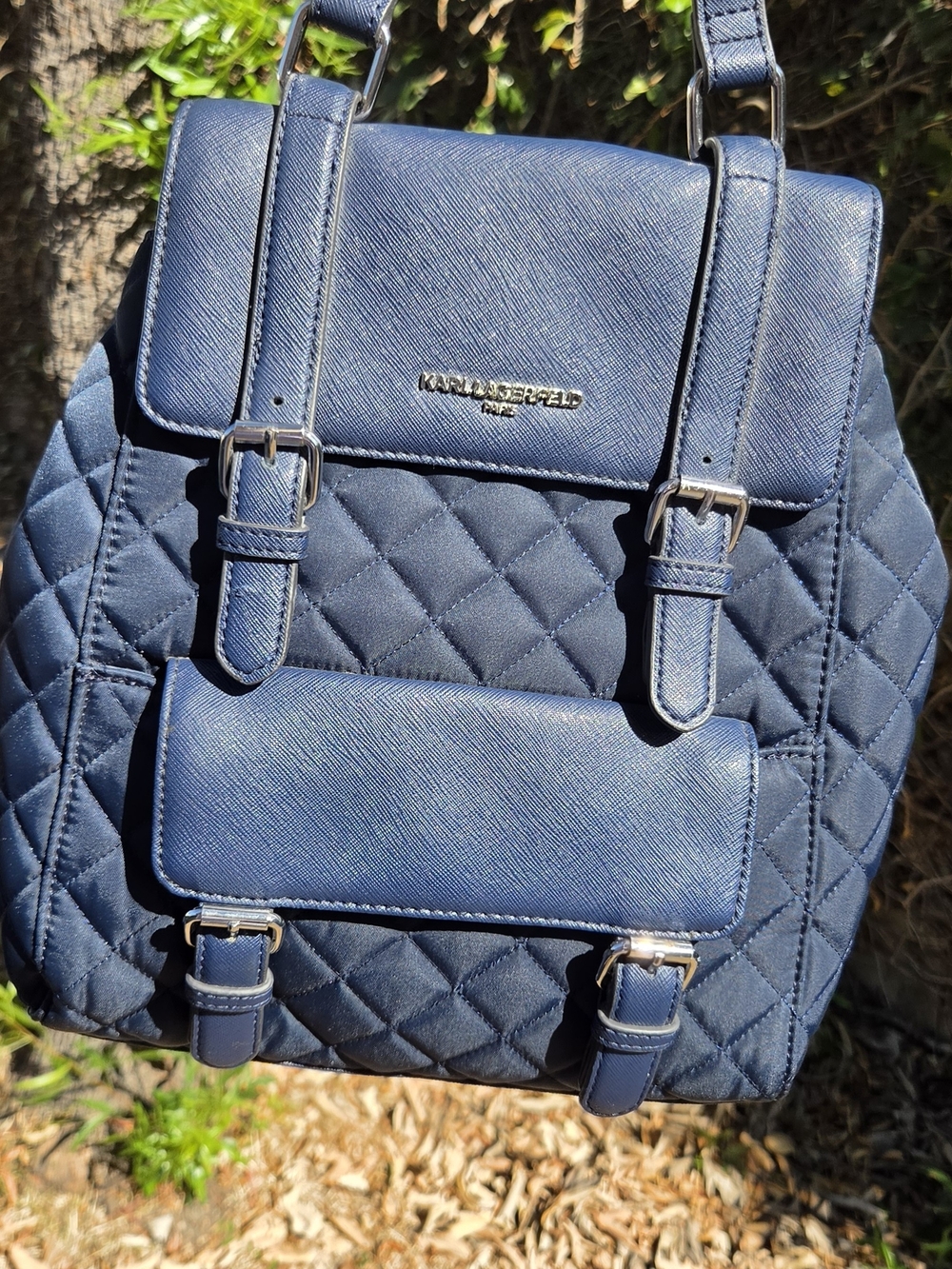 Karl Lagerfeld Quilted Navy Backpack with Silver Hardware